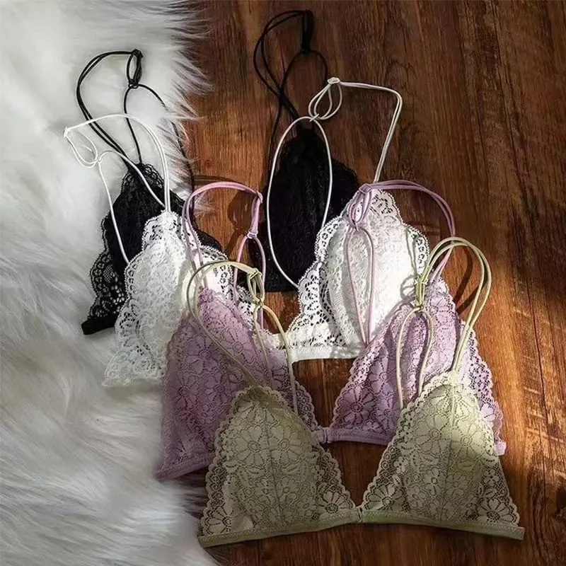 French Style Sexy Lace Thin Triangle Bra With Front Button Women's No Steel Ring Wireless Lingerie Underwear Beautiful Back Bra