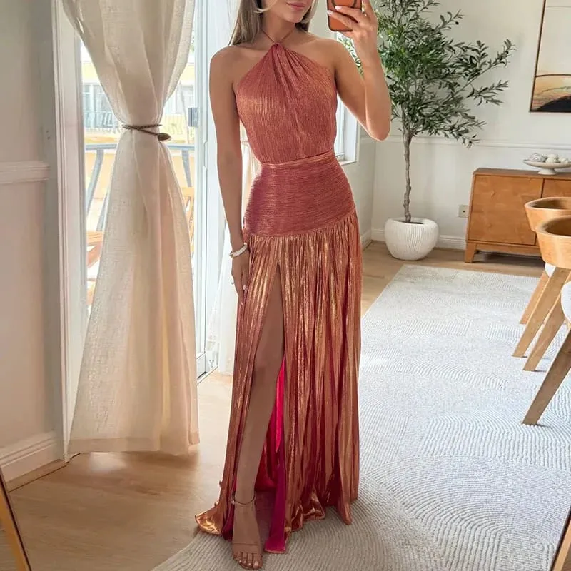 ทองเซ็กซี่ Halter สูงแยกชุดราตรีผู้หญิง Chic Solid Hollow จีบยาวชุดฤดูใบไม้ผลิฤดูร้อน Backless Zip Maxi ชุด