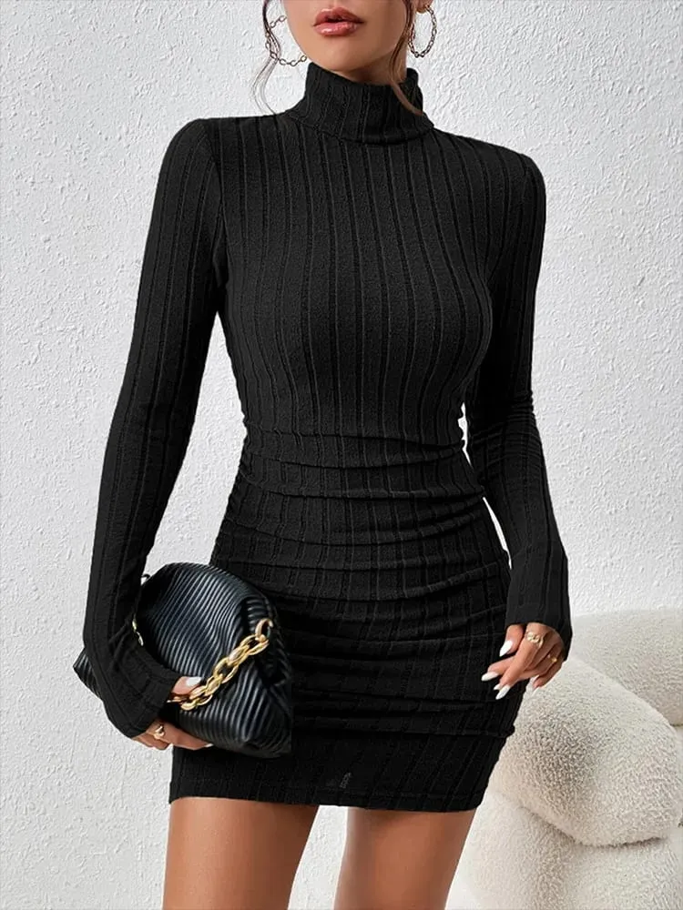 Autumn Women Mini Dresses For Solid Long Sleeves Turtleneck Sexy Bodycon Sheath Dress Club Elegant Party Dress Pullover Clothing — image 2