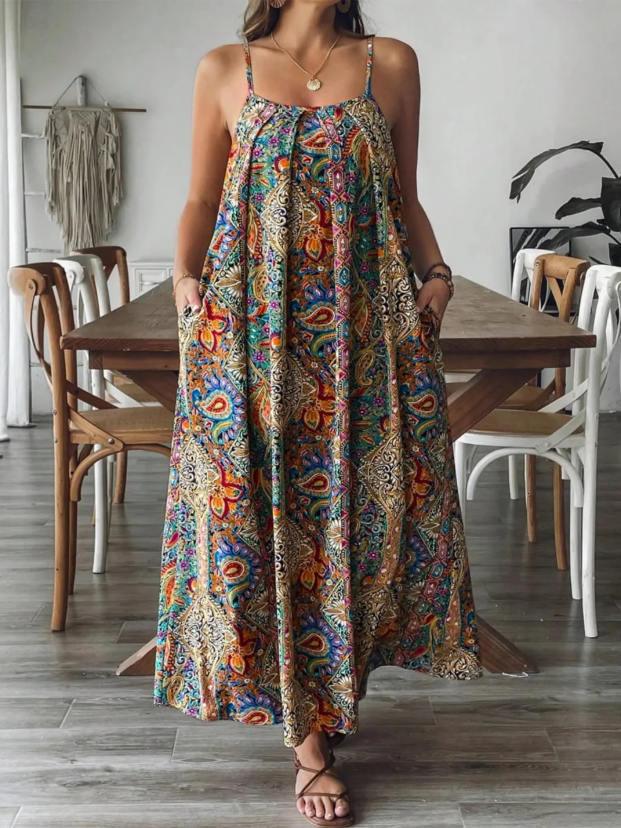 2026 Summer Women Bohemian Paisley Print Spaghetti Strap Maxi Dress Loose Flowy Pocket Long Dress Vintage Ethnic Beach Vacation