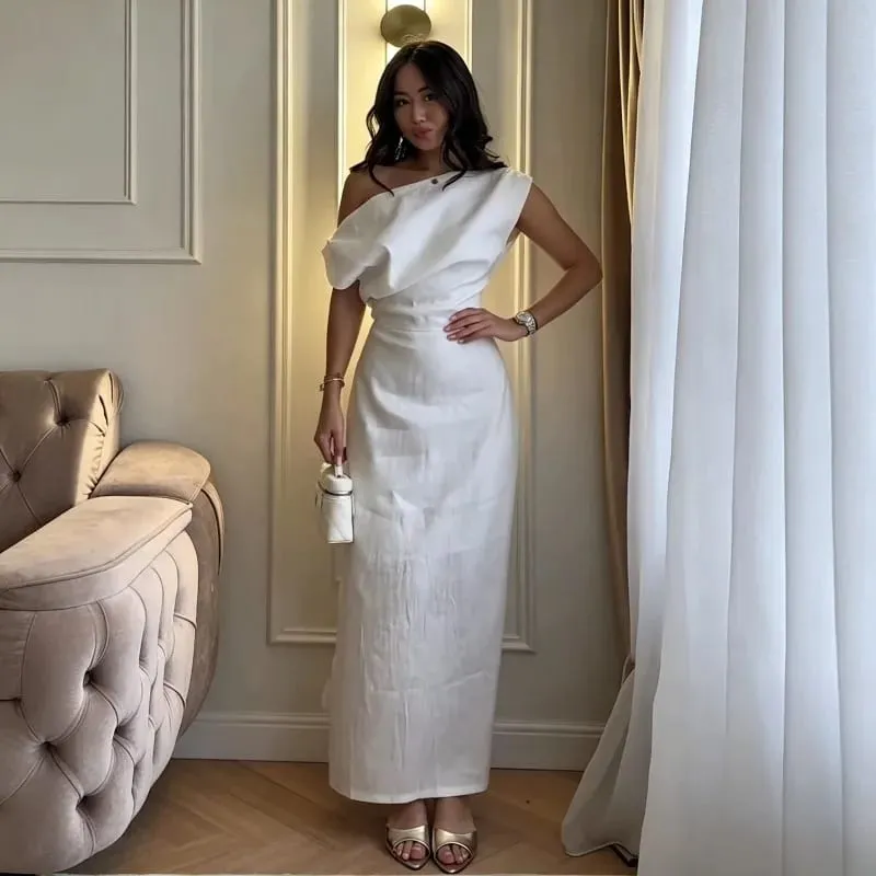 Elegant One Shoulder Asymmetric Pleated Long Dress Chic Solid Color Slanted Collar Slim Cinched Slit Cotton Linen Blend Dresses