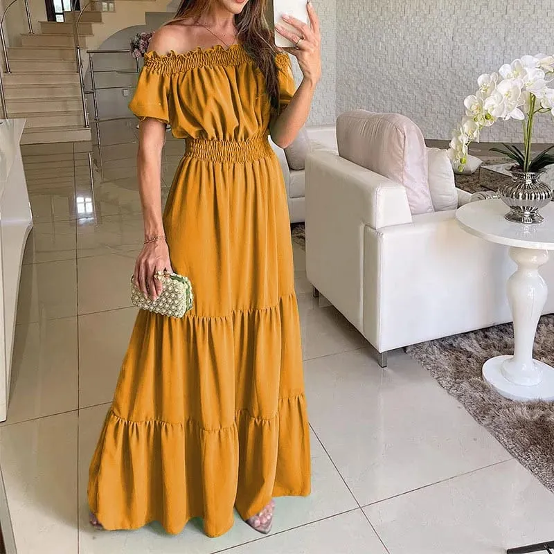 2025 Summer Solid Boho Dress Women Fashion Elegant Beach Party Dress Casual Slash Neck Office Maxi Dresses For Woman Robe Femme