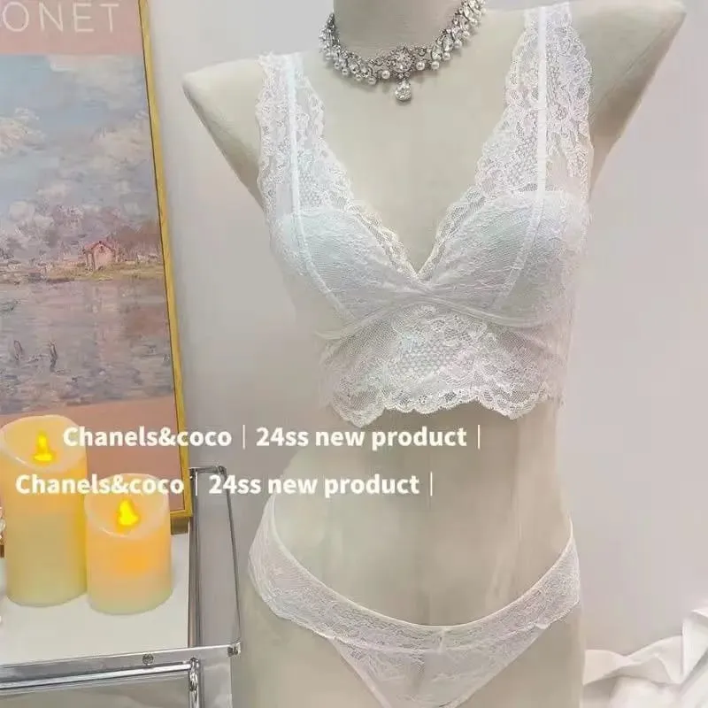 French Lace Lingerie Gathered Without Steel Rims White Inner Layer Layered Camisole Vest Bra Set Without Buttons Gather Toge