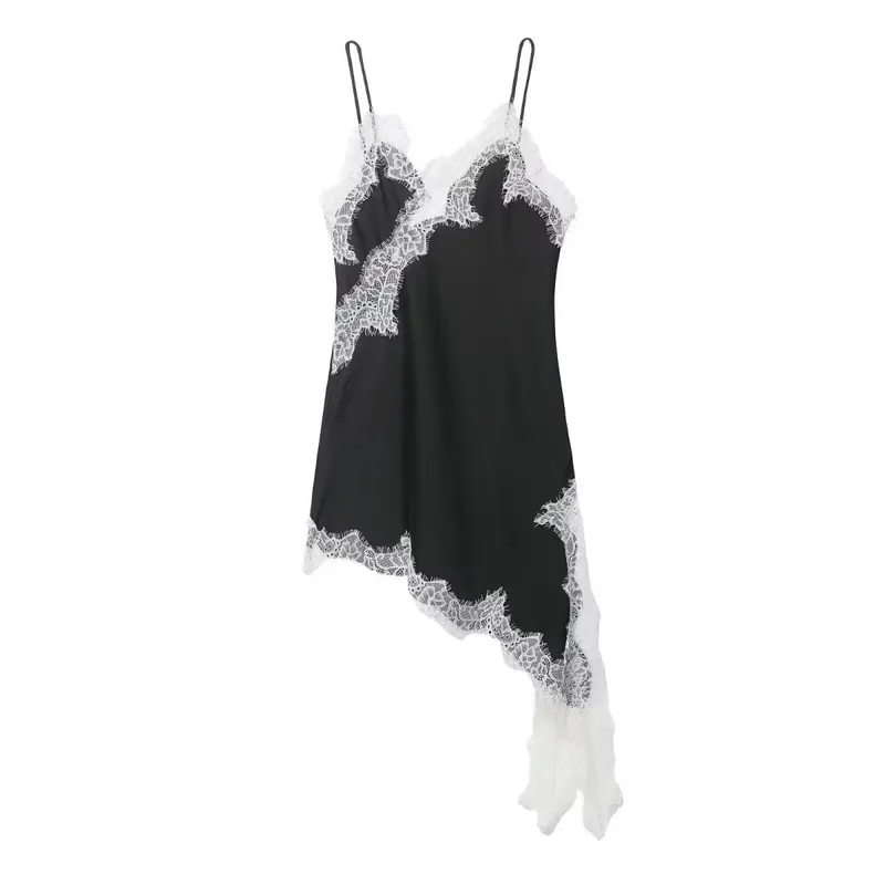 HH Women Elegant Asymmetry Hem Solid Dress Sleeveless Backless V Neck Fashion Dresses Female Sexy Lace splicing Mini Beach Dress