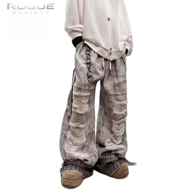 Y2K High Street Dyed Jeans Unisex Vintage Washed Distressed Wide Denim Pants Hip Hop Streetwear Grunge Punk Trousers Harajuku
