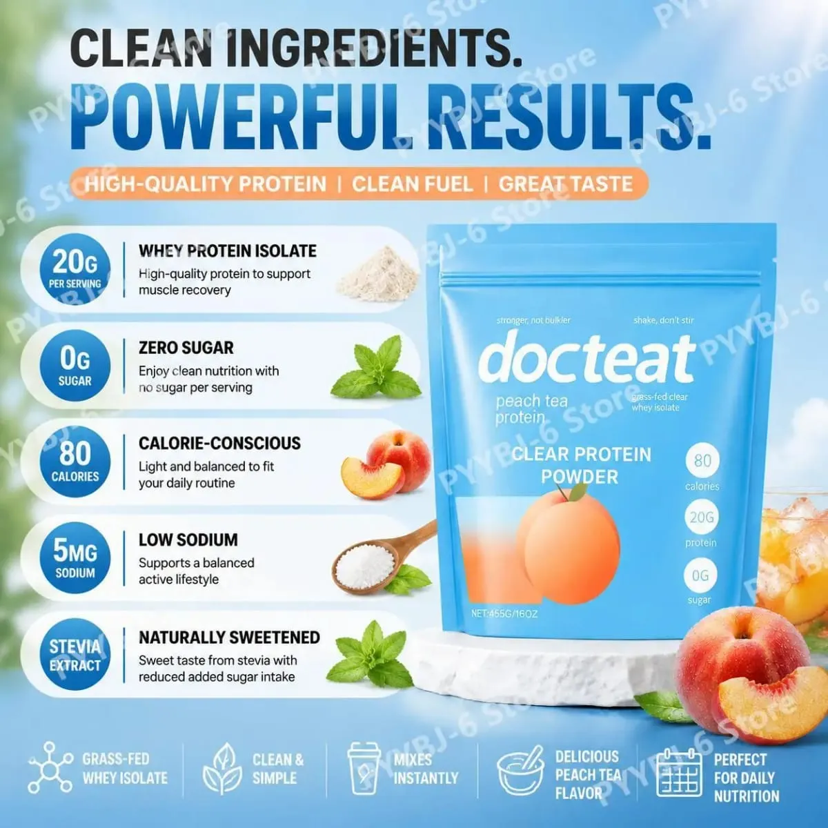 Docteat Peach Tea Clear Protein Powder 455g Whey Isolate & Stevia 20g Protein Low Fat 0g Sugar Fitness Workout Recovery Support — image 5