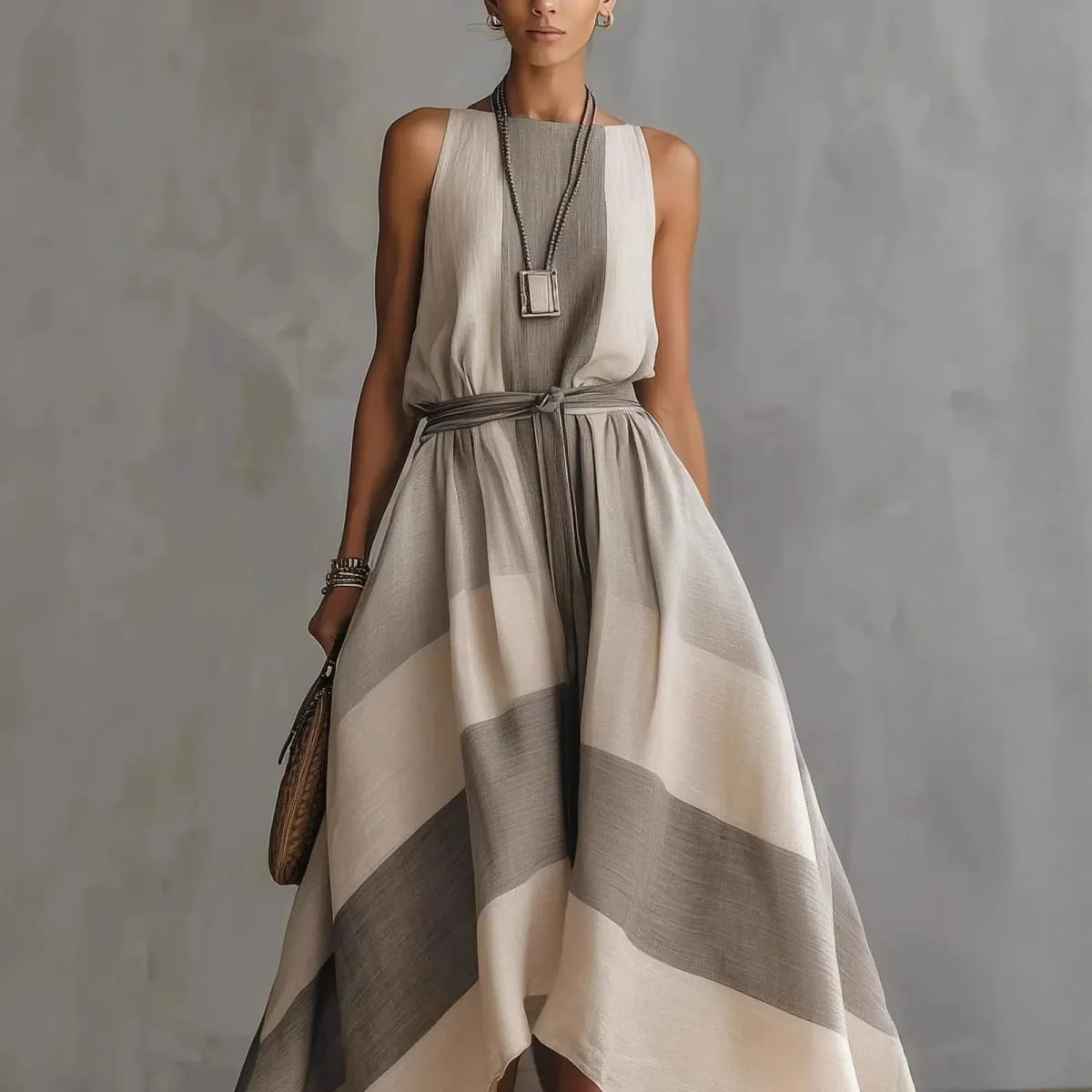 Summer New Irregular Maxi Dresses Women's Fashion O Neck Striped Sleeveless Big Hem Dress Casual Solid Loose Party Beach Dress