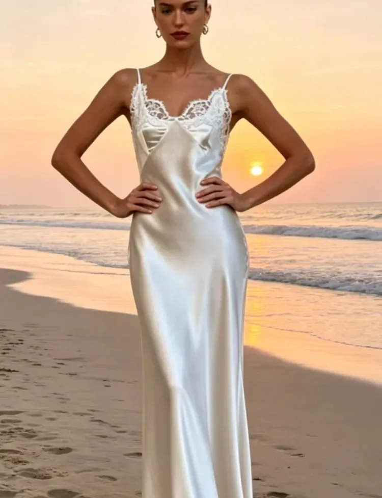 Lace Patchwork Sling Women's Dress Sexy Solid V-neck Sleeveless Backless Stain Female Maxi Dress 2026 Elegant Summer Party Gowns