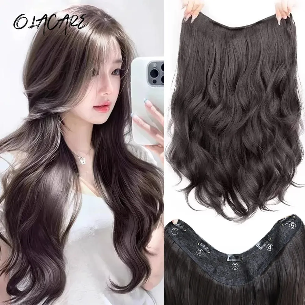 20Inch Synthetic Long Curly Wavy Layered V-Shaped Clip-in Hair Extension 4 Clip Heat Resistant Hairpiece for Women Daily Party