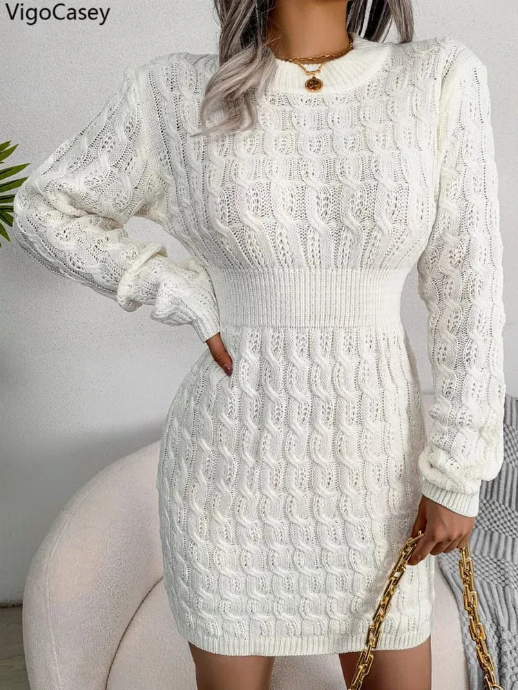 VigoCasey 2026 Autumn Winter Casual Knit Dress Women Solid Long Sleeve Short Dress Lady White O Neck Bodycon Knitted Dresses