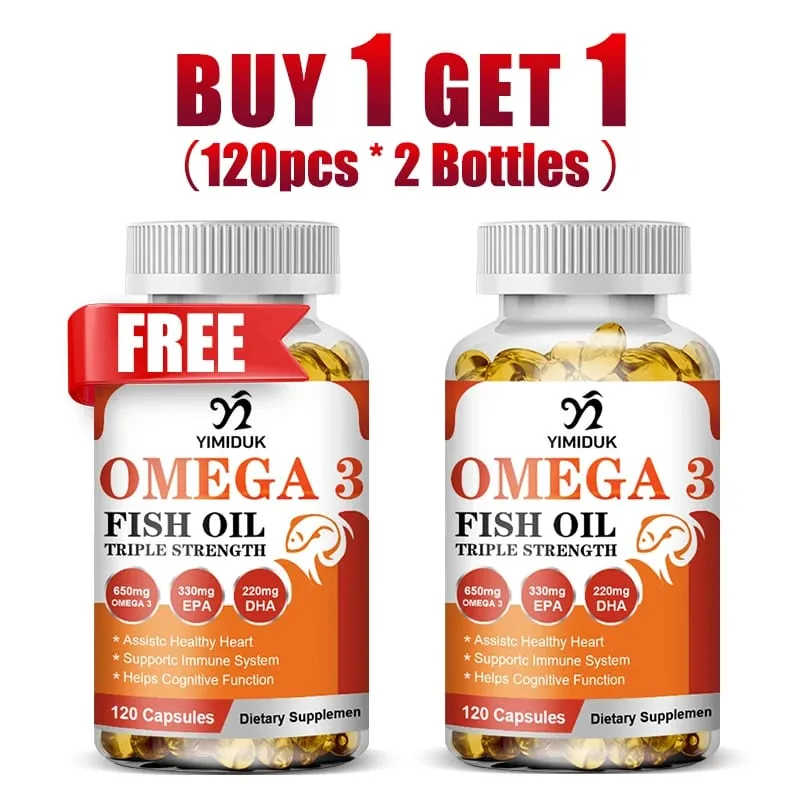 Buy 1 Get 1 Free! Ultra Strength Omega 3 Fish Oil Supplement for Immunity Mood Bones & Cardiovascular Function GMP Certified