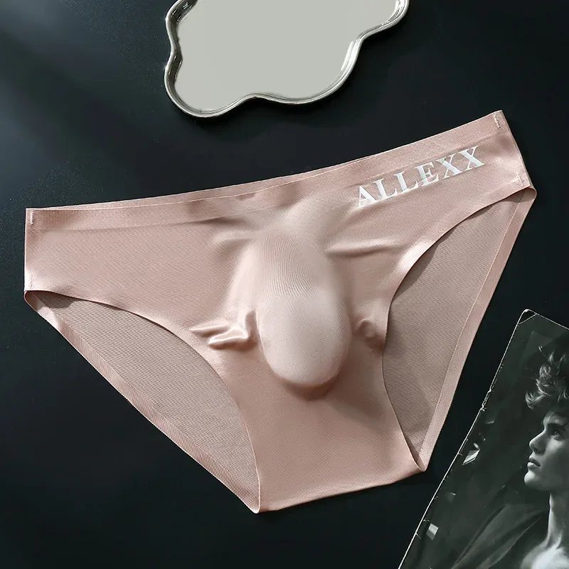 Men's Seamless Ice Silk Briefs Sissy Convex Pouch Panties Ultra-thin See Through Lingerie Underpant Elastic Low Rise Underwear