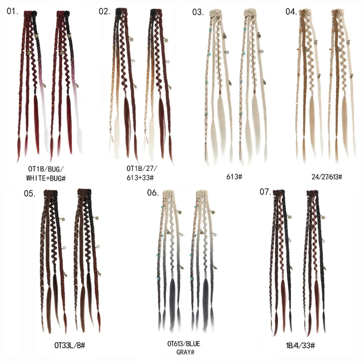 Clip in Braided Hair Extensions for Women Boho Dreadlock Clip in Braids with Beads 2pcs Handmade Synthetic Braided Hairpieces — image 7