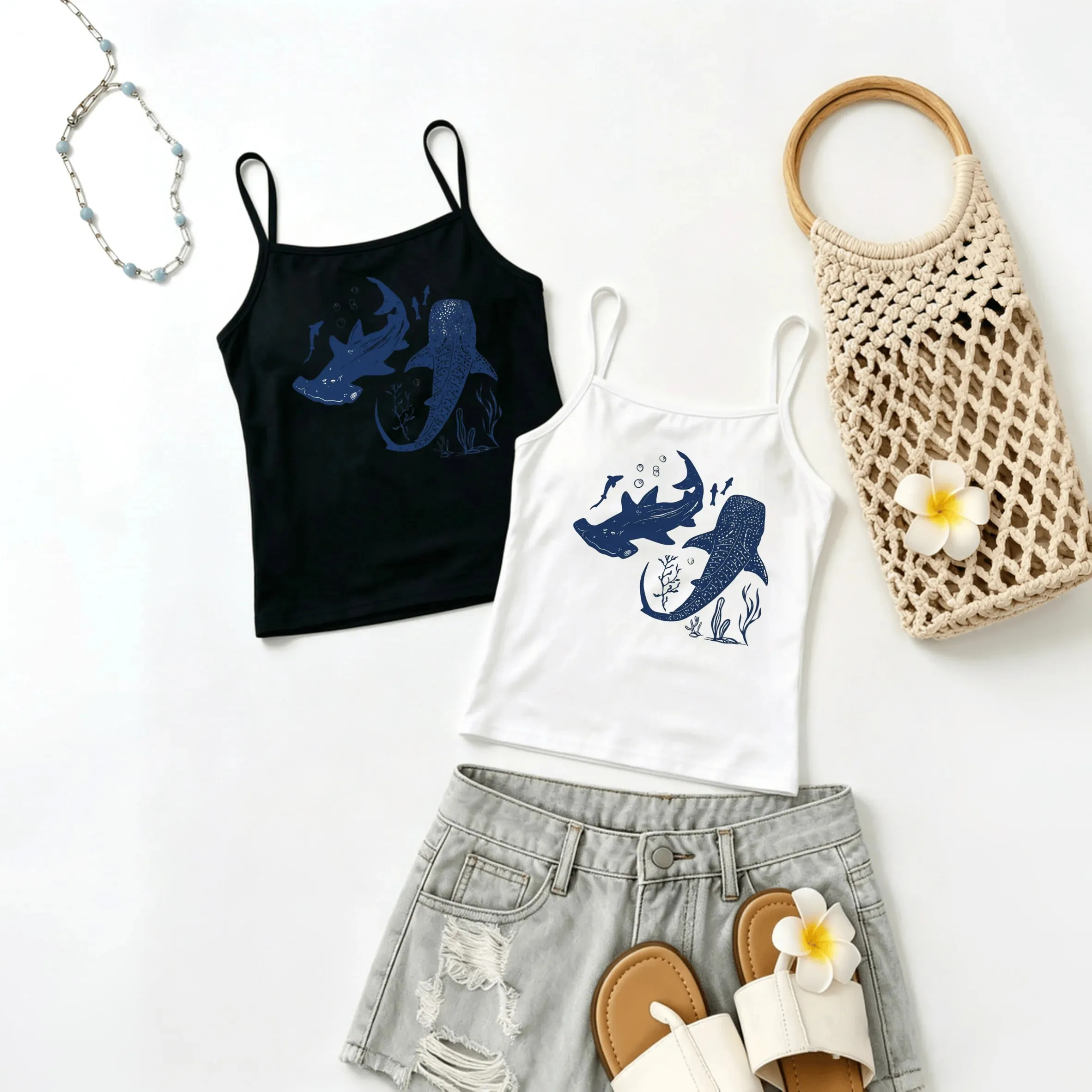 Coastal Beach Aesthetic Women Spaghetti Strap Camisole Vintage Whale Shark Marine Print Slim Sleeveless Summer Daily Tank Vest