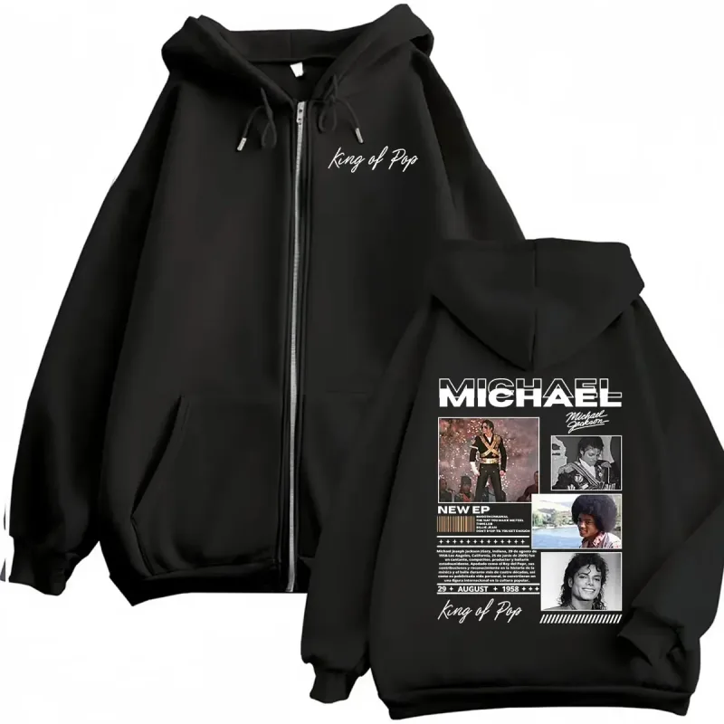 King of Pop Michael Jackson Bad Era Zipper Hoodie Men Women Harajuku Streetwear Jacket Sweatshirt Fleece Casual Zip Up Pullovers