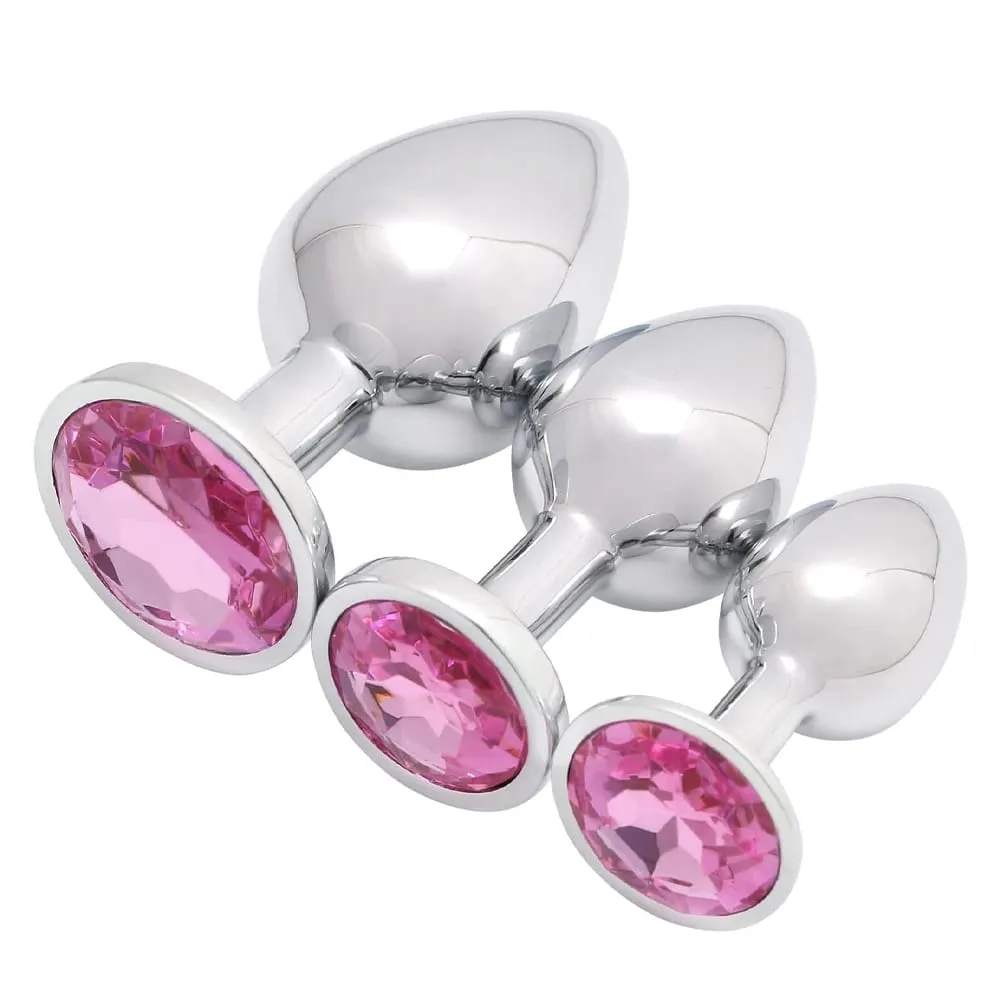 Luxury Metal Anal Plug Set Jewel Butt Trainer Kit Adult Toys for Men Women Couples Beginners Sex Gifts Large Medium Small Pink — image 1