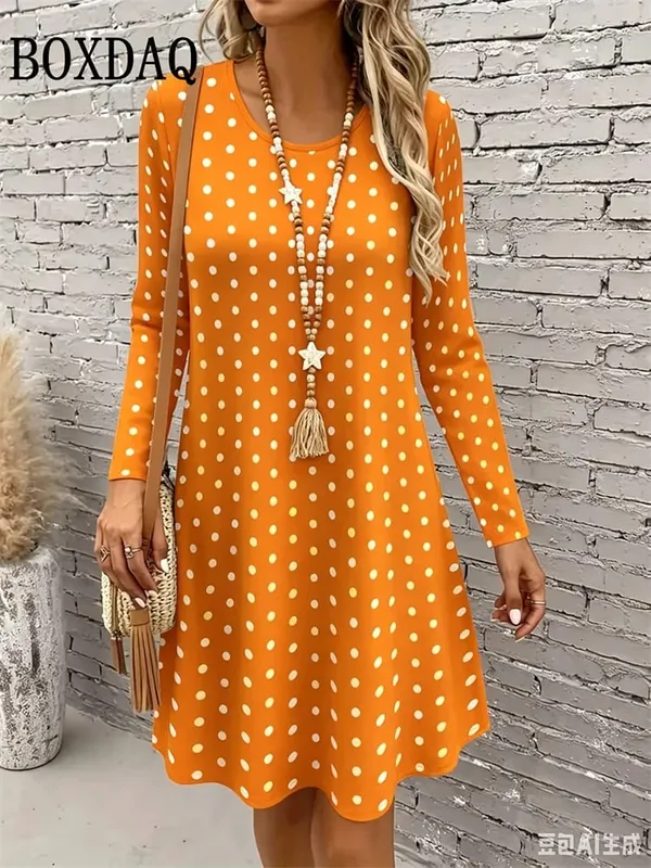 Polka Dot 3D Print Dresses For Women 2026 Autumn Fashion Long Sleeve A-Line Dress Women Casual O-Neck Loose Home Dress Vestidos