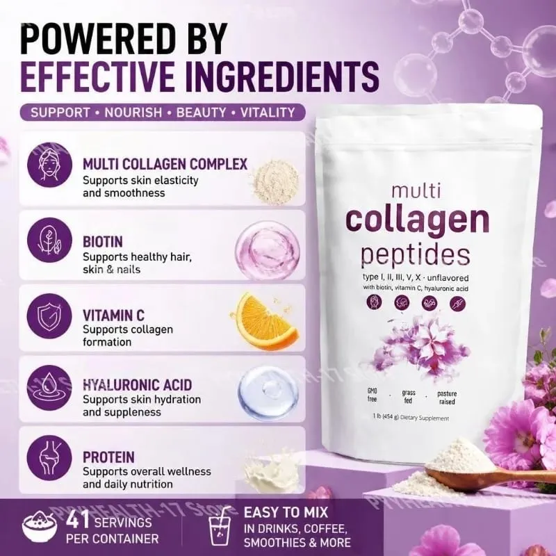 Multi Collagen Peptides Pulver Type I II III V med Biotin Vitamin C & Hyaluronsyre Understøtter Hud Hår Negle til Mænd Kvinder