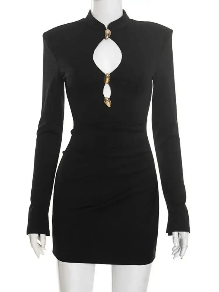 Mozision Hollow Out Long Sleeve Sexy Mini Dress Women Gown Elegant Winter New Half High Collar Metal Buckle Club Party Dresses — image 6