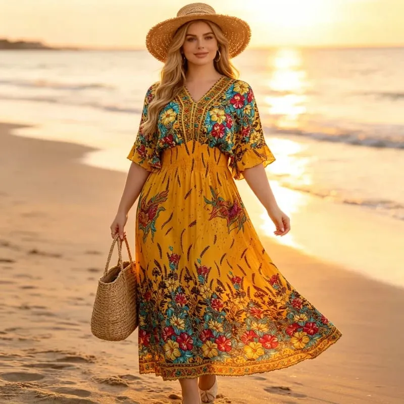 Boho Holiday Women V-Neck Batswing Short Sleeve A-Line Midi Dresses Slim Elastic Waist Casual Vintage Office Lady Elegance Dress