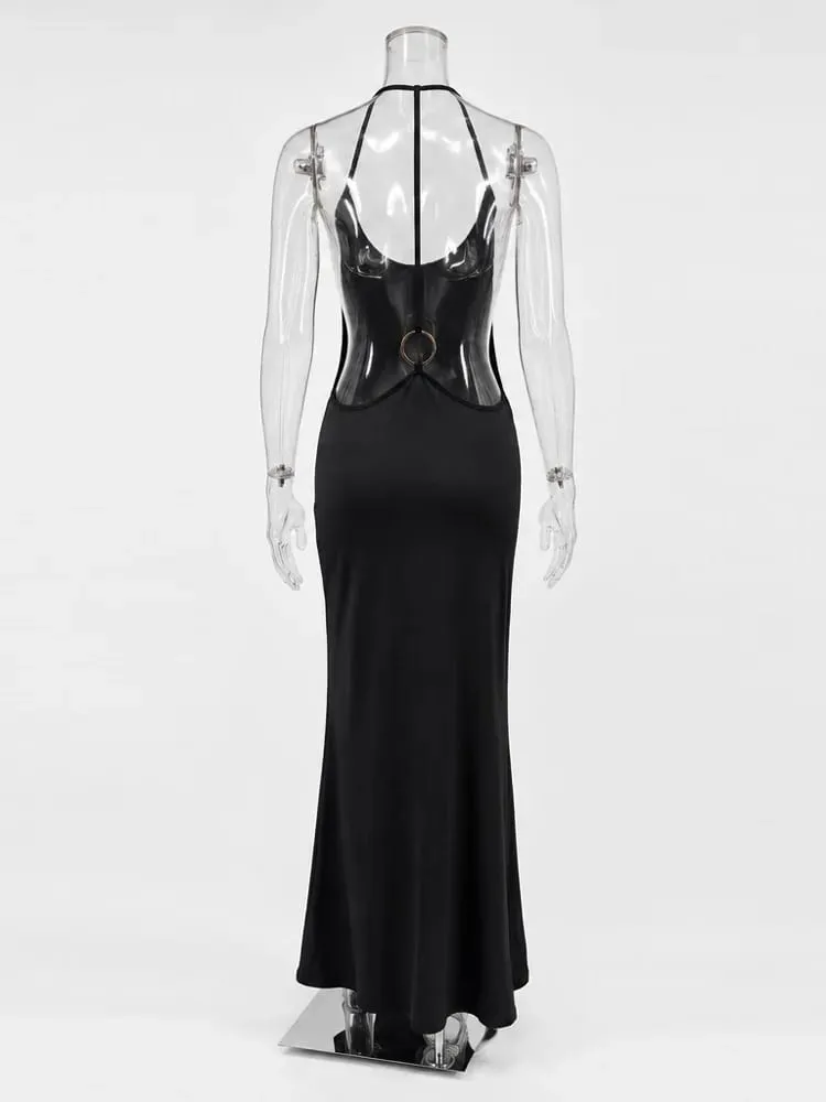 Tossy femmes licou dos nu moulante Maxi robe dos ouvert Spaghetti sangle or anneau robe de soirée été plage longue robe