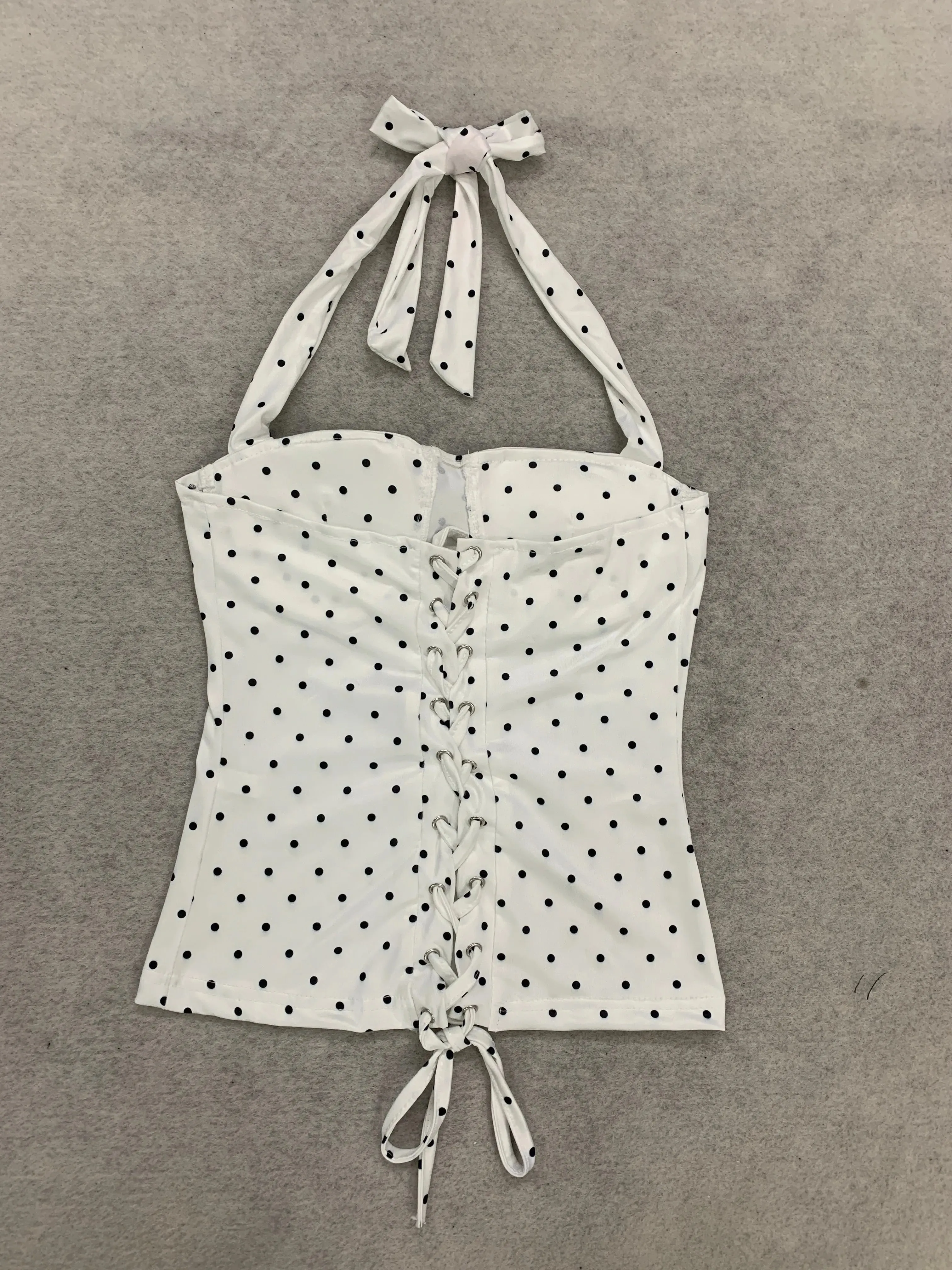 Women's Polka Dot Ruched Back Bodysuit-style Retro Tie-up Strappy Top Sweet Y2K Party Streetwear Ladies Top