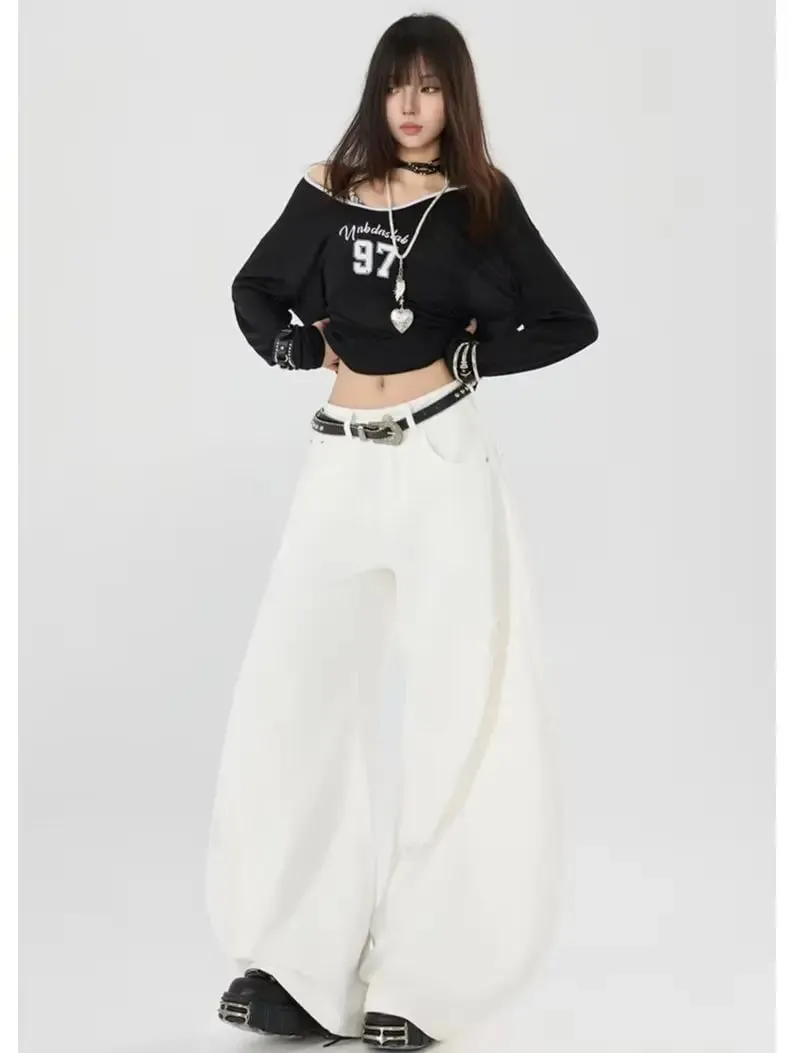 Retro-Style Curved-Leg Jeans Unisex Relaxed Fit Patchwork Soft Durable Women Men Versatile Washed Wide-Leg Pants