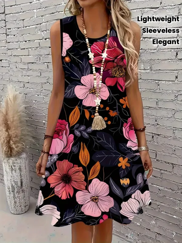 Elegant Black Floral Dress Women Sleevel