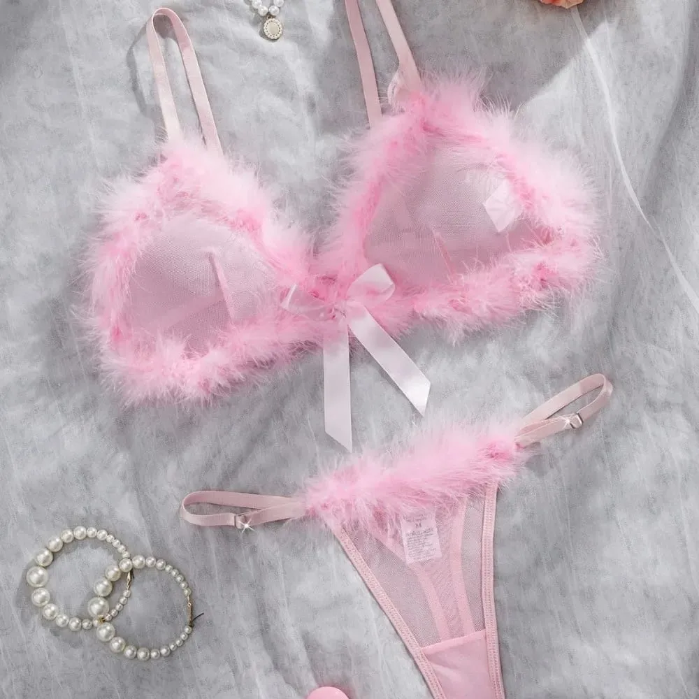 Furry Women's Underwear Wireless Bow Decor Lingerie Set Mesh Transparent Romantic Intimate Bra Panties Suit Anniversary — image 4