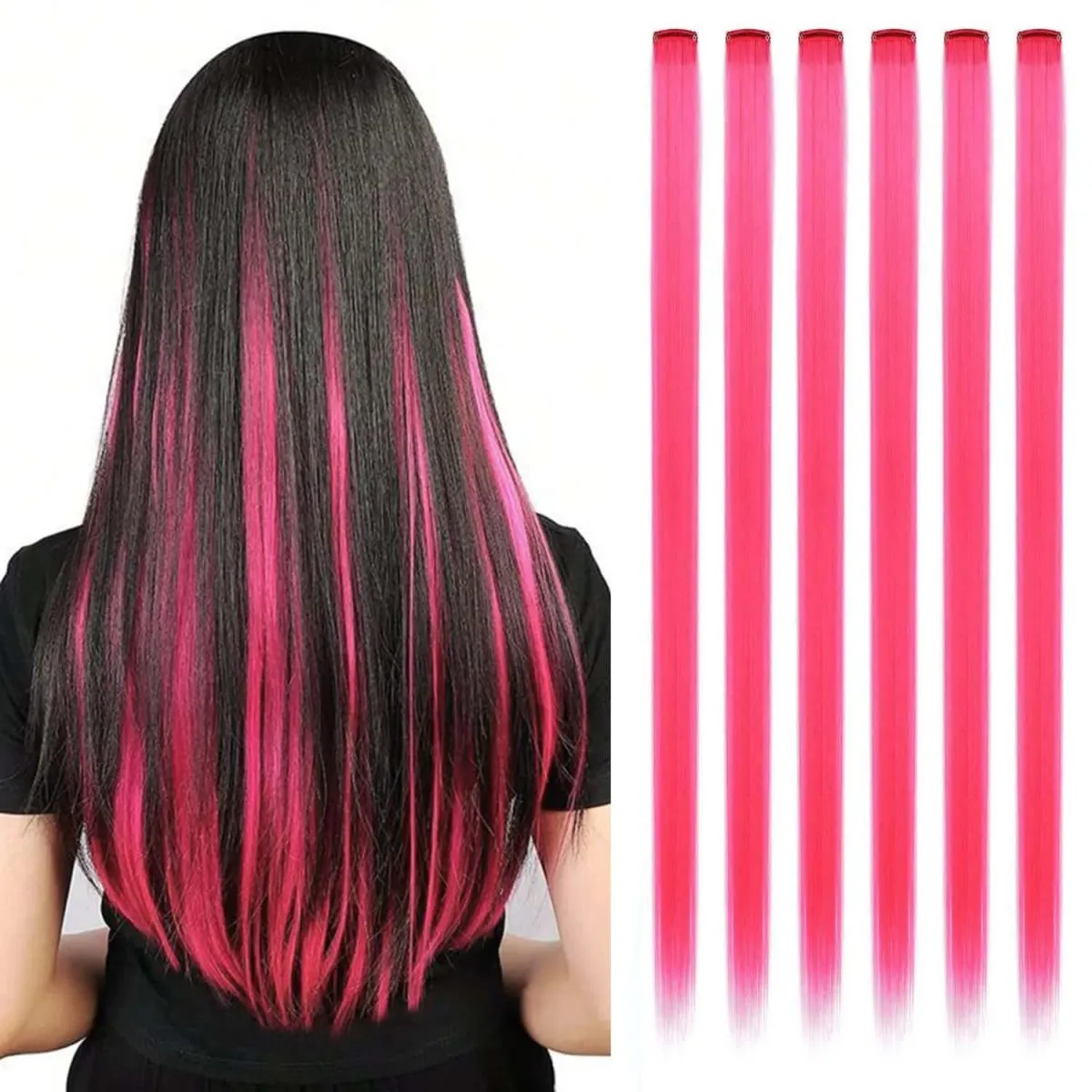 6 Pcs Clip Extensions Synthetic 24 Inch Colored Hair Extensions Party Highlights Long Straight Hairpieces for Women Kids Girl