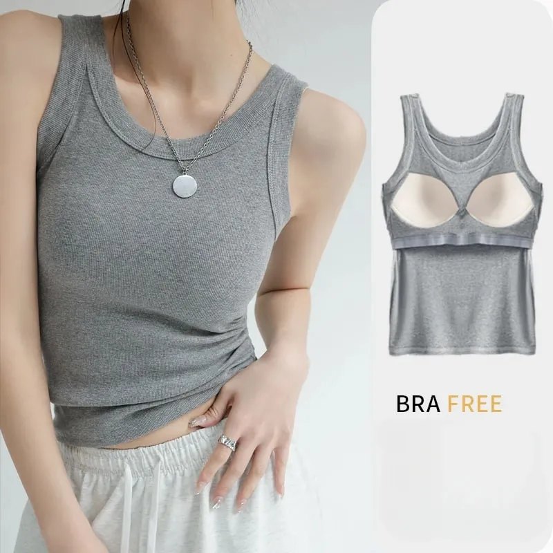 New Women Solid Round Neck Ribbed Tank Top Camisole Women Summer Basic Elastic TankTop One-piece Vest with Chest Pad Y2k