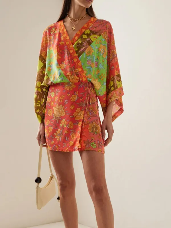 Bohemian Color Block Paisley Print Kimono Wrap Mini Dress Women V Neck 3/4 Sleeve Beach Cover Up Casual Short Dresses Summer 202