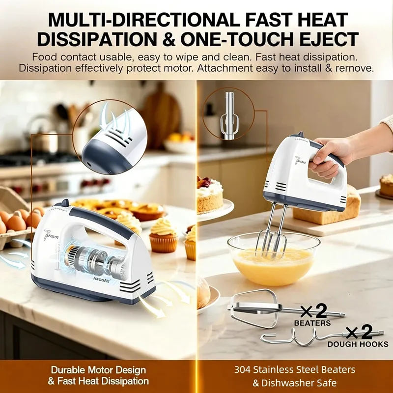 The handheld mixer has 7 speed settings to meet various needs from mixing dry ingredients to whipping cream.