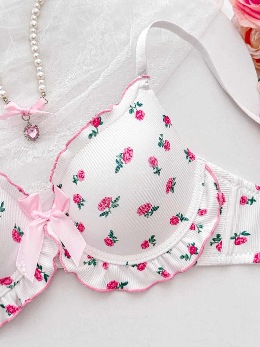 Floral A B C D Cup Women's Underwear Set Ribbed Knit Push Up Bra Daily Comfort Panties Women Ruffle Edge Lingerie Set