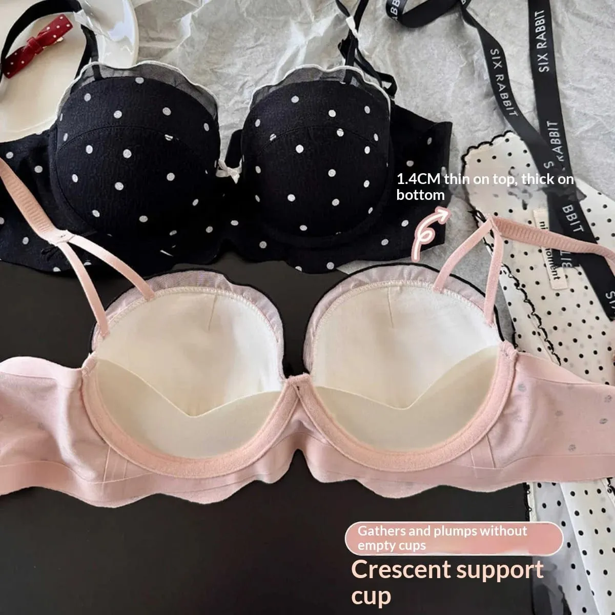 Lace Polka Dot Bra Two-Piece Set Small Bust Gathering Anti-Sagging Side Breast Collection Comfortable Wire-Free Lingerie Set — image 5