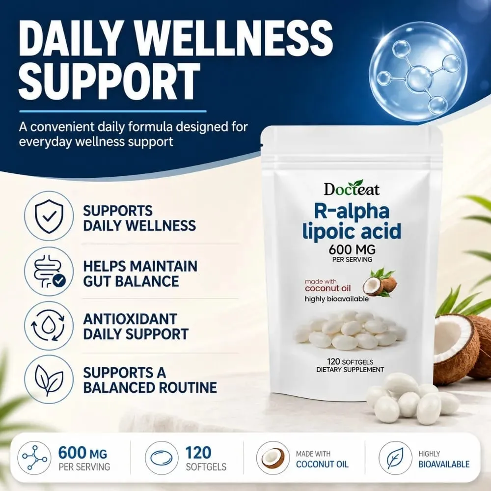 R-Alpha Lipoic Acid Softgels 600 mg Per Serving 120 Count Made with Coconut Oil Convenient Daily Wellness Nutritional Support