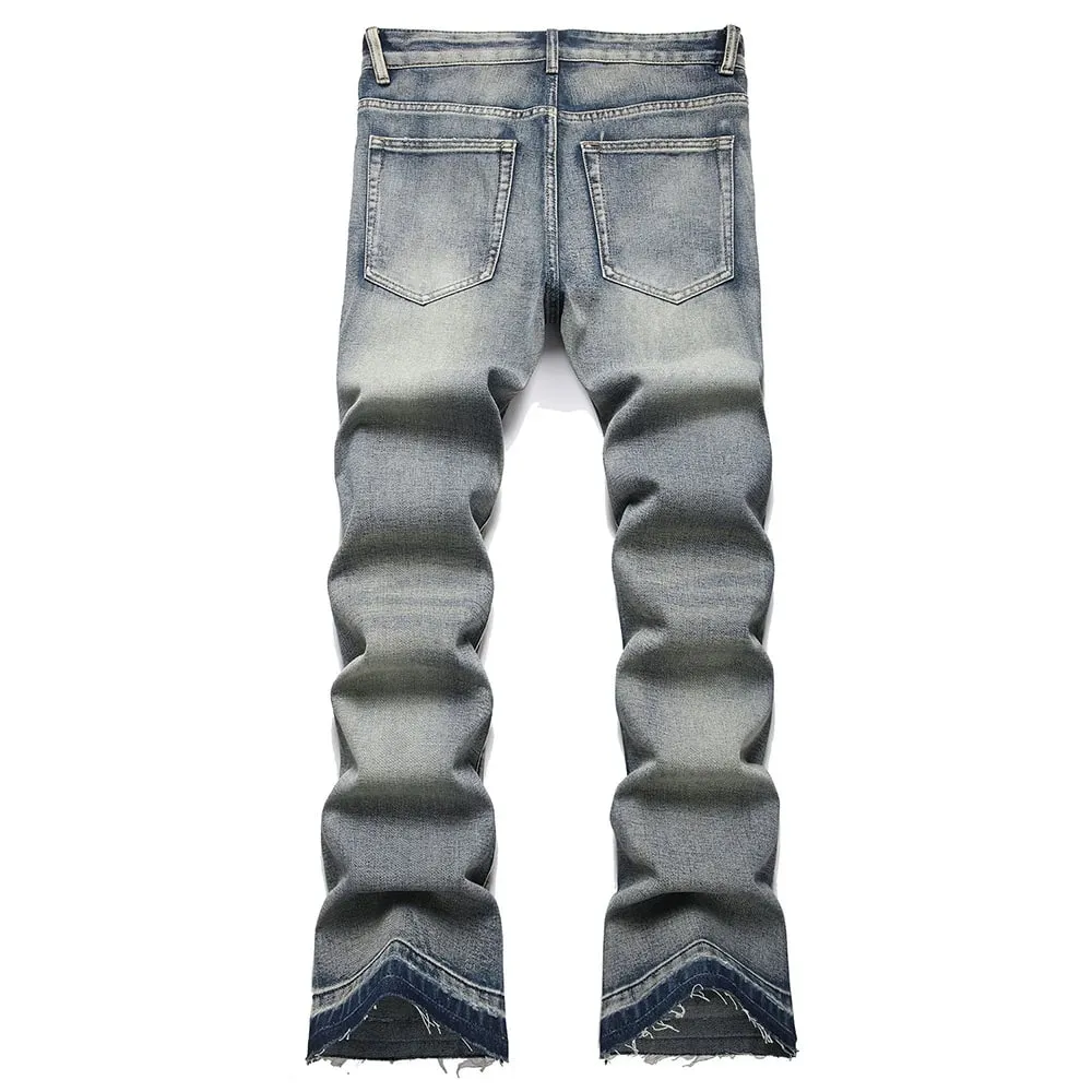 Mænds Boot Cut Jeans Streetwear Patches Frigivet Hem Bukser Vintage Blå Broderi Patchwork Flared Bukser