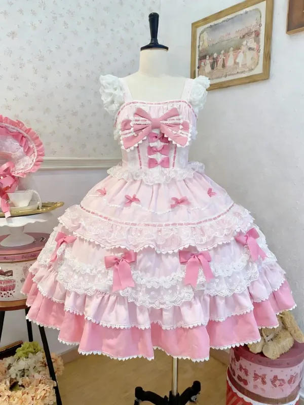 Y2K Sweet Lolita Jks Strap Dress Women Solid Ruffle Lace Bow Patchwork Kawaii Princess Ball Gown Knee-Length Elegant Party