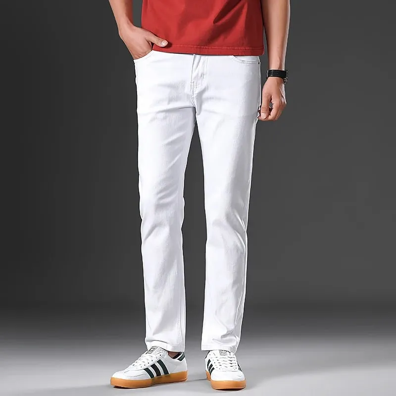 ArmyGreen Elastic Cotton Jeans Men's Spring Fashion Slim Straight Denim Pants Comfort Large Size Korean Business Casual Trousers