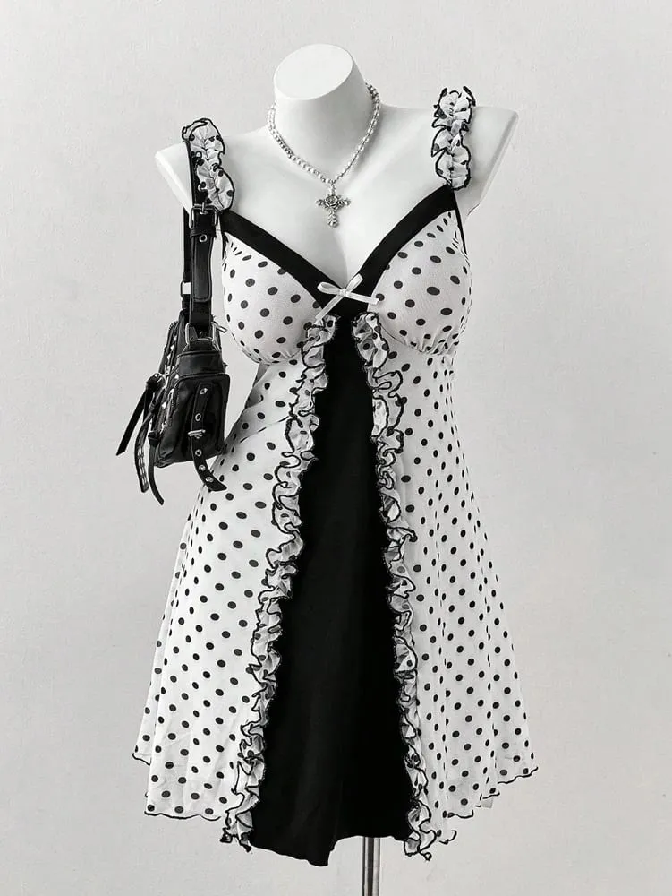 Plus Size Y2K Polka Dot Dress Ruffle Trim Bow Front Cami Mini Dress Sexy Sweet Coquette Style Party Dress for Women — image 3