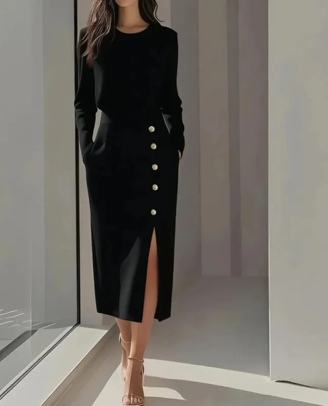 Women's Solid Color Long Sleeves Elegant Midi Dress with Button Details and Side Slit - Crew Neck