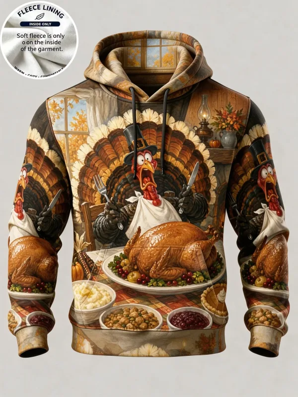 3D Print Thanksgiving Fleece Hoodie Turkey Feast Dinner Full Print Pullover Long Sleeve Kangaroo Pocket Holiday Sweatshirt