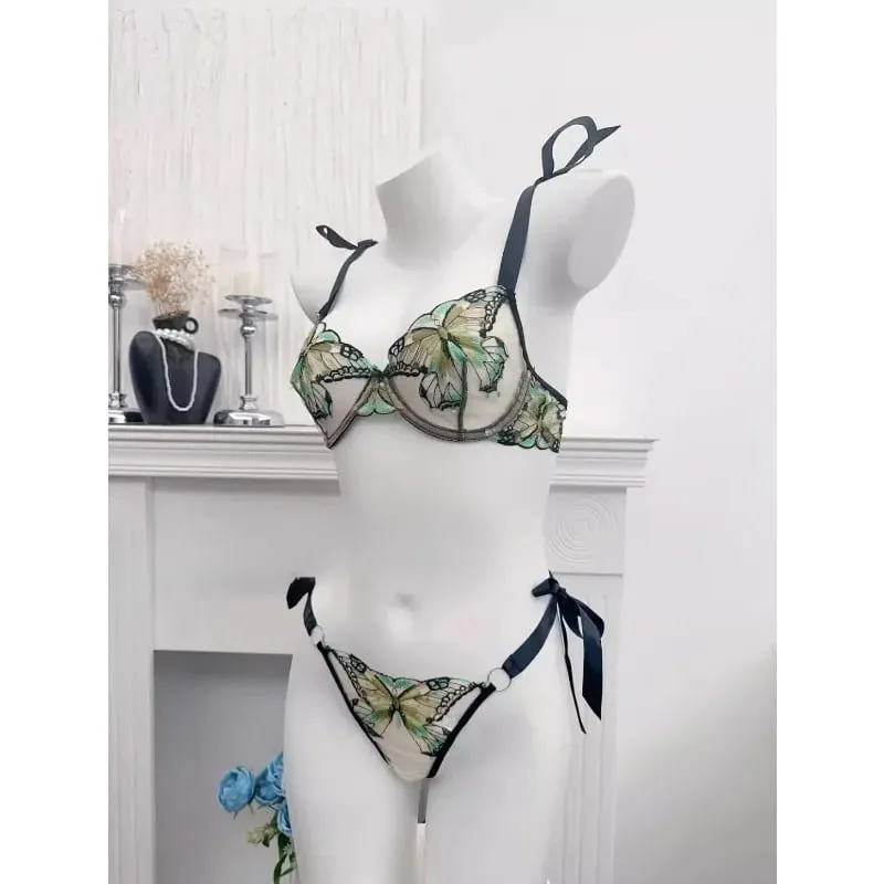 Butterfly Embroidery French Lace Bra Sheer Net Elastic Straps No Padding Romantic Womens Lingerie Set S-XL Soft Comfy — image 6