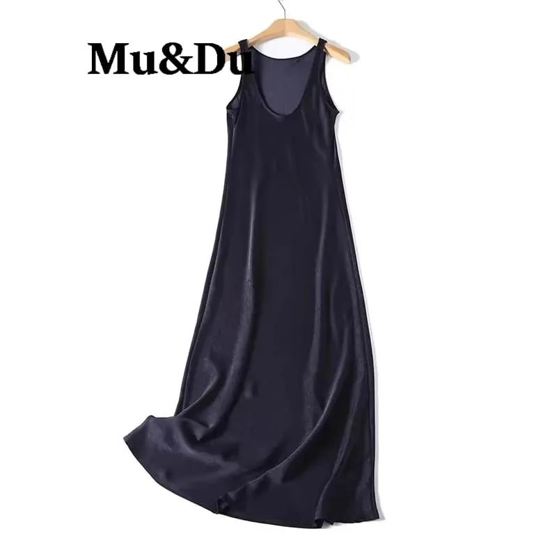 Elegant Backless Round Neck Long Dress Women's Fashion Minimalist Style Draped Polyester Fiber Sleeveless Skirt City Commute