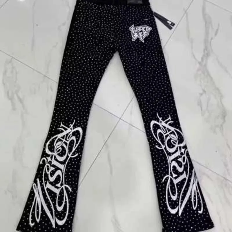 Punk Flame Streetwear Solid Casual Denim Trousers Stage Dancing Rhinestone Print Washed Black Baggy Jeans HipHop Casual Denim Pa