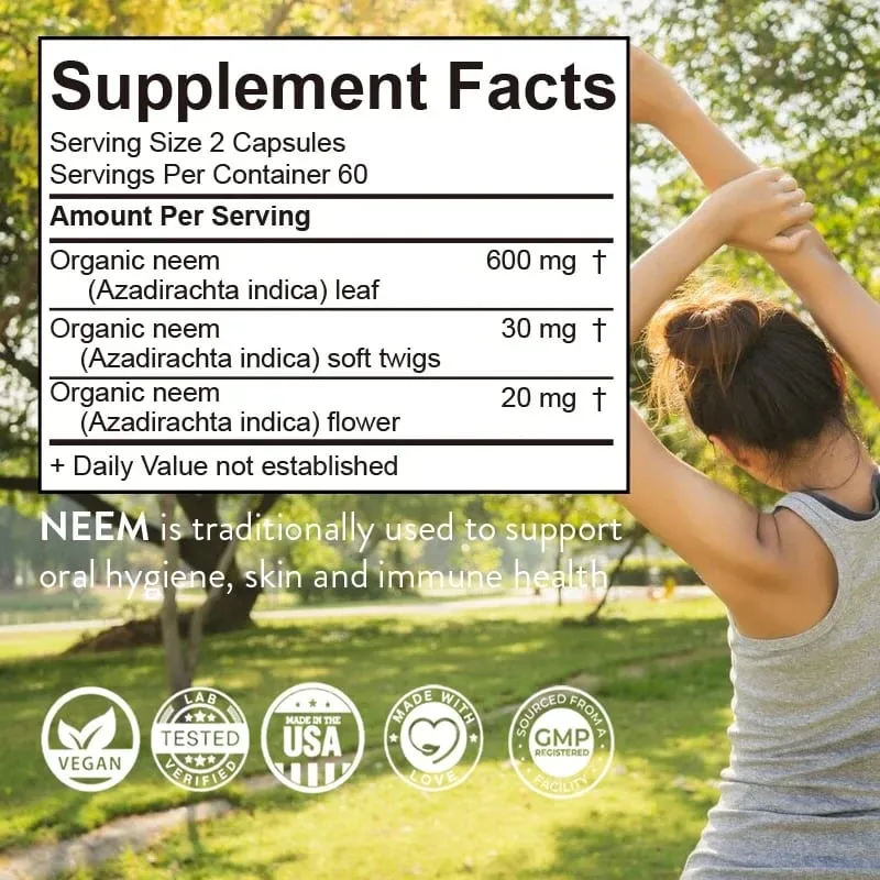 Organic Neem Supplement - Herbal Acne Supplements Supporting Clear Skin and Detox Supports Immune Health