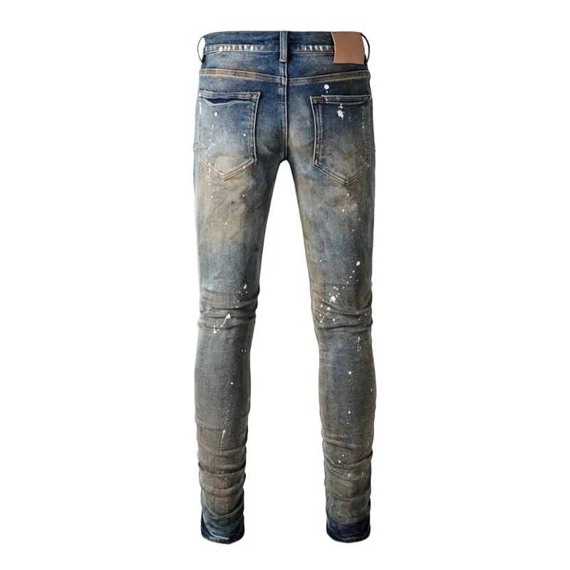 Men's Multiple Ripped Slim Tapered Jeans Vintage Blue Gradient Wash White Paint Splatter Button Fly High Street Style