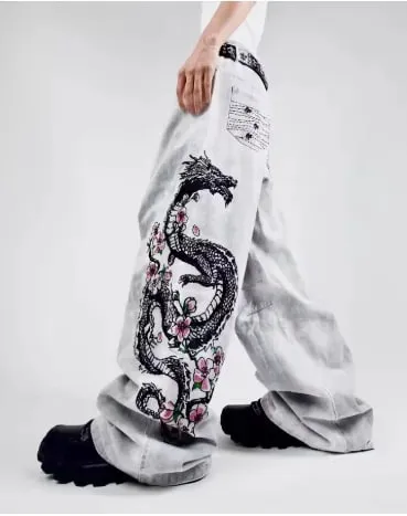 Unisex White Red Tribal Flame Print Loose Wide Leg Jeans Y2K Grunge Streetwear Oversized Denim Pants