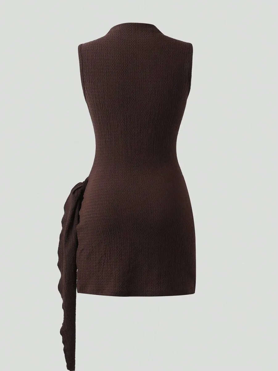 Women's Elegant Texture Fabric Pleating Waist Sice Ribbon Slim Fit Mini Dresses Casual Metal Buckle Solid Color Dress Summer