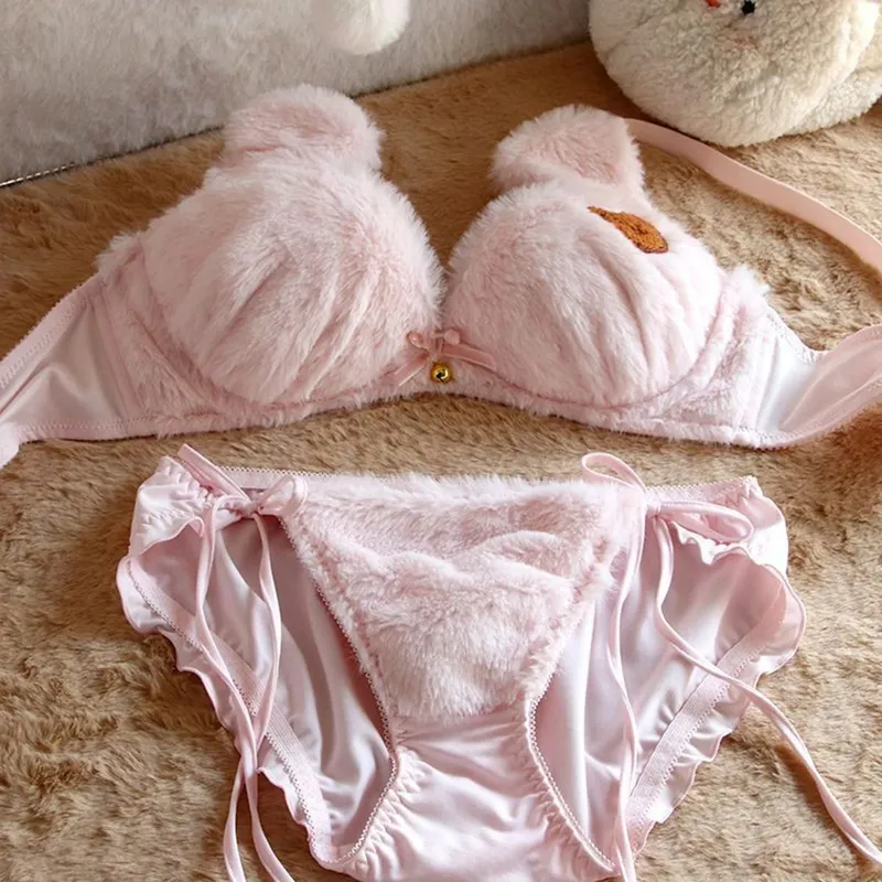 Winter Cute Cartoon Bear Embroidery Sweet Lingerie Bras Underpants Underwear Two Piece Sets Sweet Plush Set Sexy Girlfriend Gift
